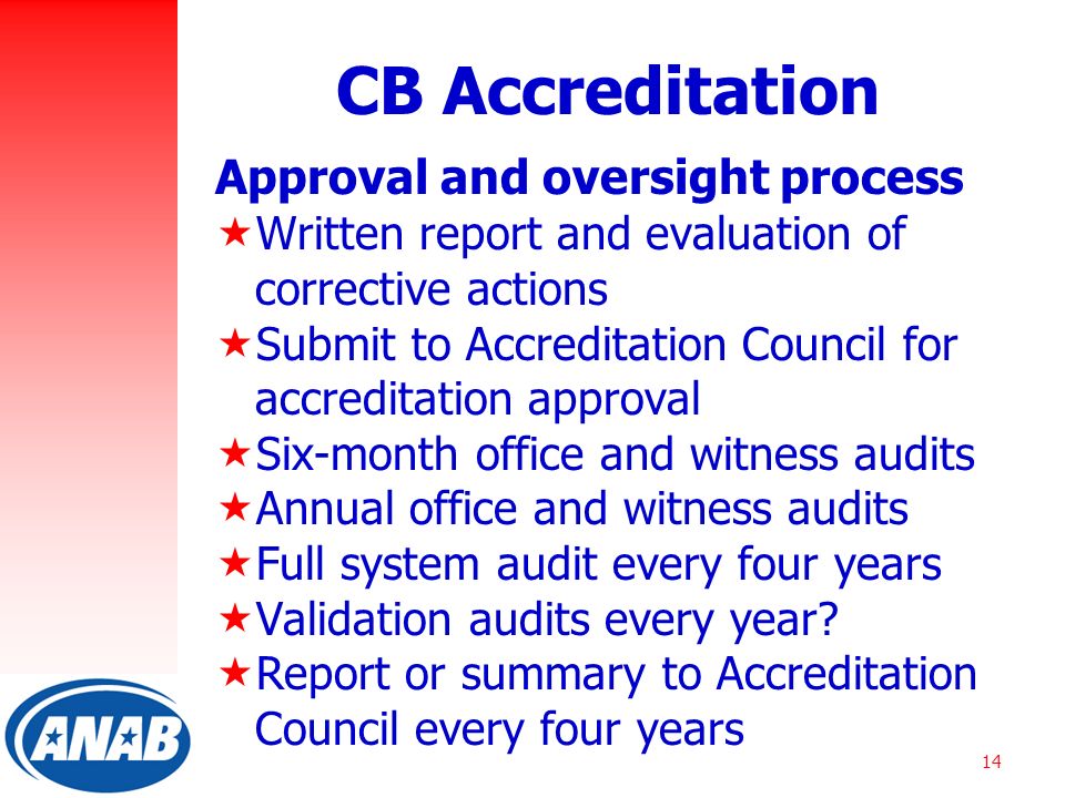 14 CB Accreditation Approval and oversight process  Written report and evaluation of corrective actions  Submit to Accreditation Council for accreditation approval  Six-month office and witness audits  Annual office and witness audits  Full system audit every four years  Validation audits every year.