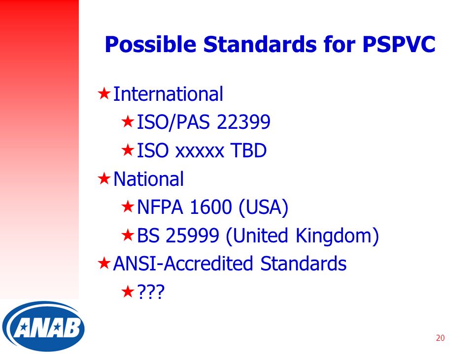 20 Possible Standards for PSPVC  International  ISO/PAS  ISO xxxxx TBD  National  NFPA 1600 (USA)  BS (United Kingdom)  ANSI-Accredited Standards 