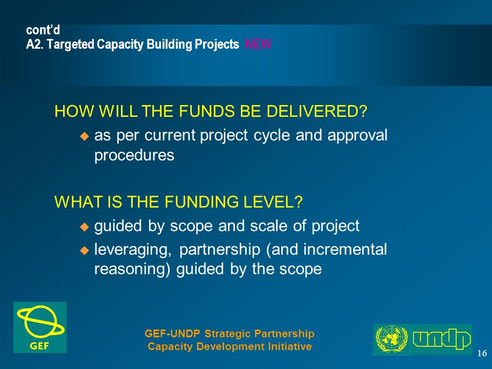 16 cont’d A2. Targeted Capacity Building Projects NEW HOW WILL THE FUNDS BE DELIVERED.