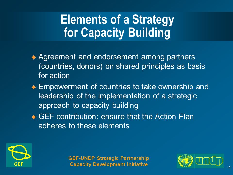 4 Elements of a Strategy for Capacity Building u Agreement and endorsement among partners (countries, donors) on shared principles as basis for action u Empowerment of countries to take ownership and leadership of the implementation of a strategic approach to capacity building u GEF contribution: ensure that the Action Plan adheres to these elements GEF-UNDP Strategic Partnership Capacity Development Initiative