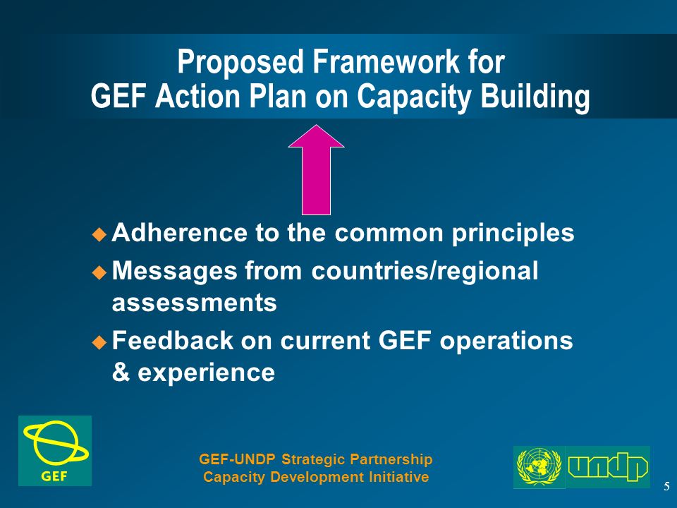 5 Proposed Framework for GEF Action Plan on Capacity Building u Adherence to the common principles u Messages from countries/regional assessments u Feedback on current GEF operations & experience GEF-UNDP Strategic Partnership Capacity Development Initiative