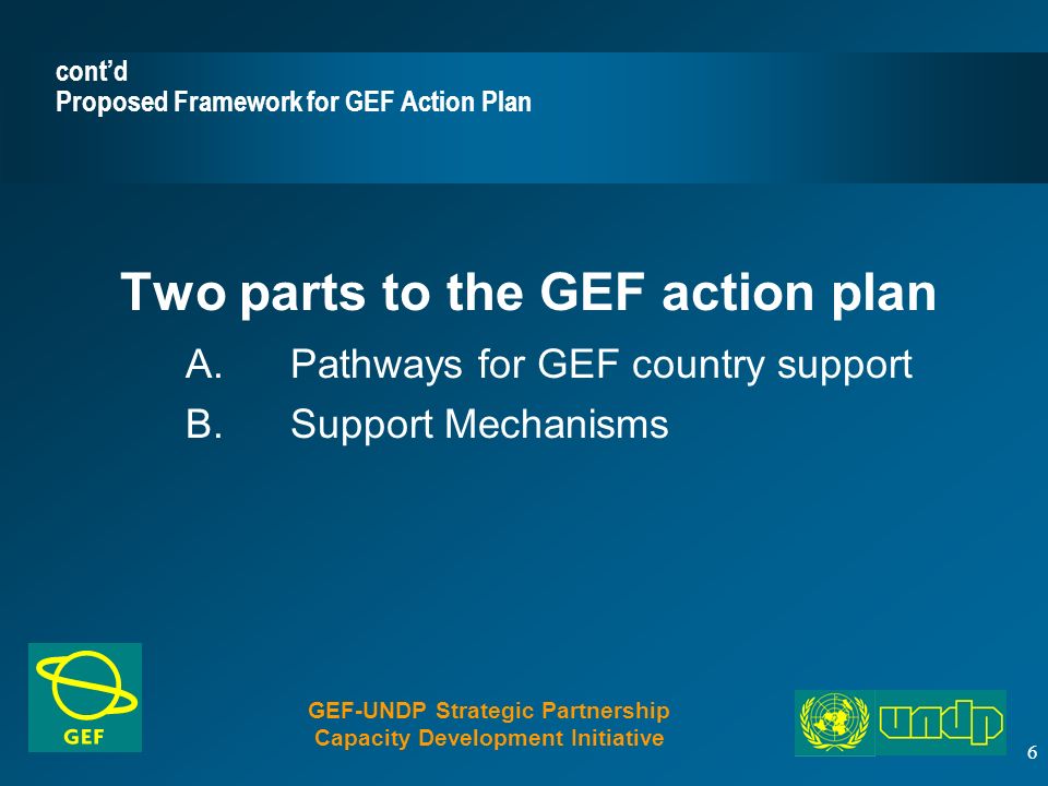 6 cont’d Proposed Framework for GEF Action Plan Two parts to the GEF action plan A.Pathways for GEF country support B.Support Mechanisms GEF-UNDP Strategic Partnership Capacity Development Initiative