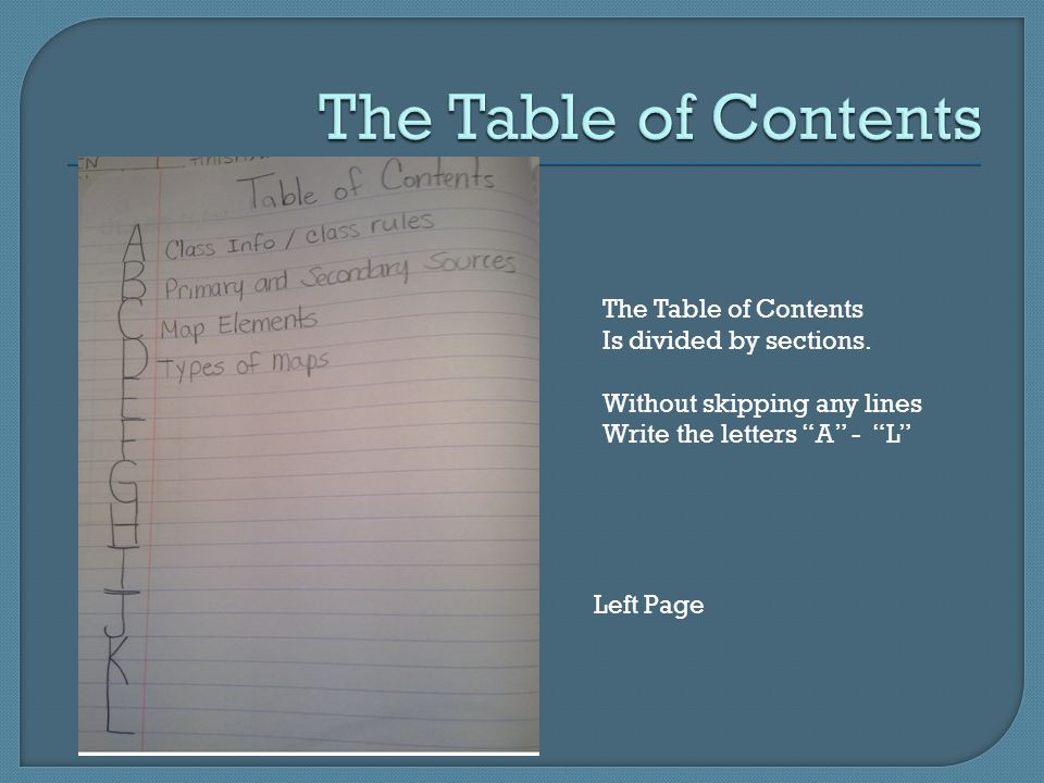 The Table of Contents Is divided by sections.