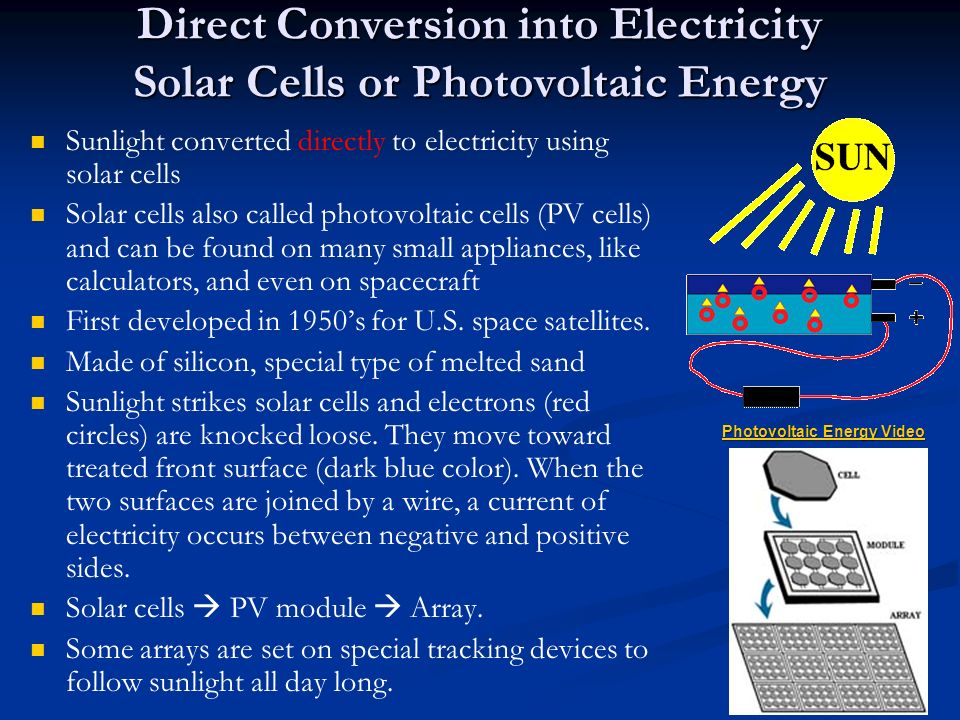 Direct Conversion into Electricity Solar Cells or Photovoltaic Energy Sunlight converted directly to electricity using solar cells Solar cells also called photovoltaic cells (PV cells) and can be found on many small appliances, like calculators, and even on spacecraft First developed in 1950’s for U.S.
