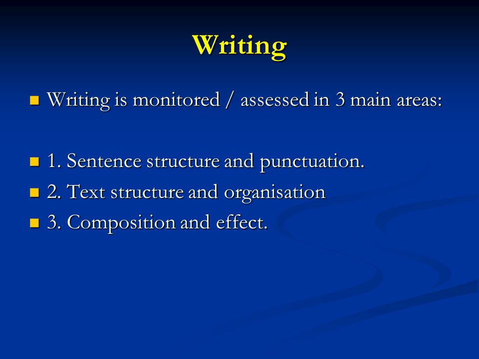 Writing Writing is monitored / assessed in 3 main areas: Writing is monitored / assessed in 3 main areas: 1.