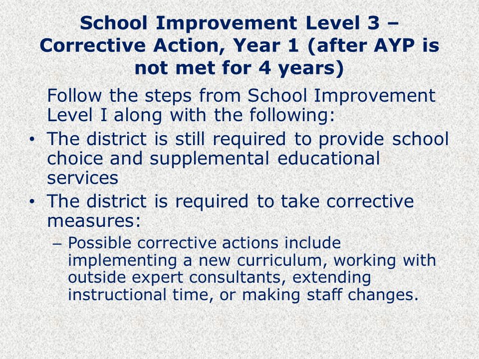 School Improvement Level 3 – Corrective Action, Year 1 (after AYP is not met for 4 years) Follow the steps from School Improvement Level I along with the following: The district is still required to provide school choice and supplemental educational services The district is required to take corrective measures: – Possible corrective actions include implementing a new curriculum, working with outside expert consultants, extending instructional time, or making staff changes.