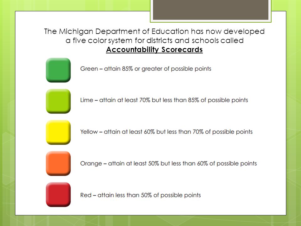 The Michigan Department of Education has now developed a five color system for districts and schools called Accountability Scorecards