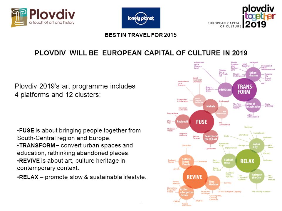 BEST IN TRAVEL FOR 2015 PLOVDIV WILL BE EUROPEAN CAPITAL OF CULTURE IN 2019 Plovdiv 2019’s art programme includes 4 platforms and 12 clusters: FUSE is about bringing people together from South-Central region and Europe.