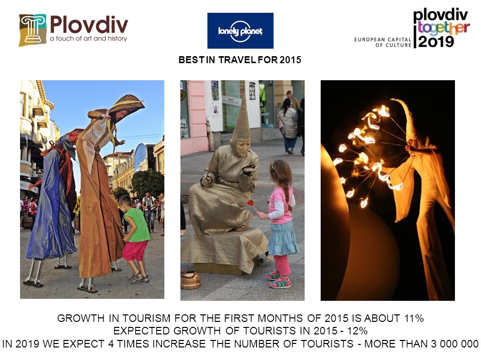 . BEST IN TRAVEL FOR 2015 GROWTH IN TOURISM FOR THE FIRST MONTHS OF 2015 IS ABOUT 11% EXPECTED GROWTH OF TOURISTS IN % IN 2019 WE EXPECT 4 TIMES INCREASE THE NUMBER OF TOURISTS - MORE THAN