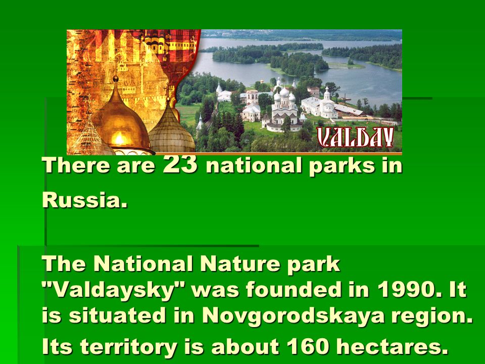 There are 23 national parks in Russia. The National Nature park Valdaysky was founded in