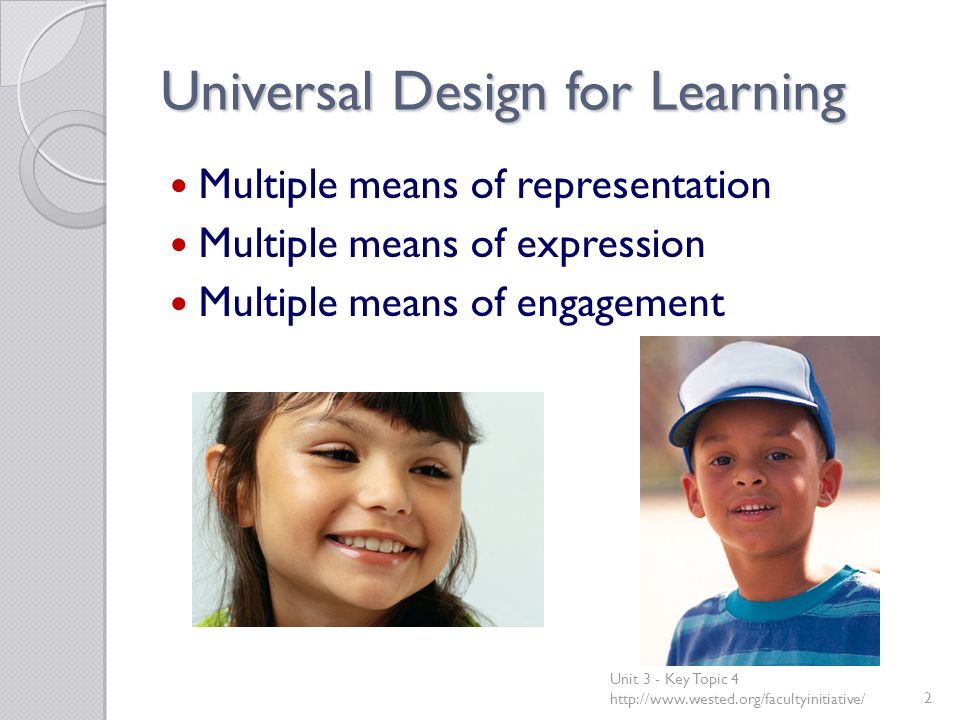 Universal Design for Learning Multiple means of representation Multiple means of expression Multiple means of engagement Unit 3 - Key Topic 4