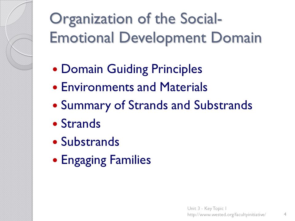 Organization of the Social- Emotional Development Domain Domain Guiding Principles Environments and Materials Summary of Strands and Substrands Strands Substrands Engaging Families Unit 3 - Key Topic 1