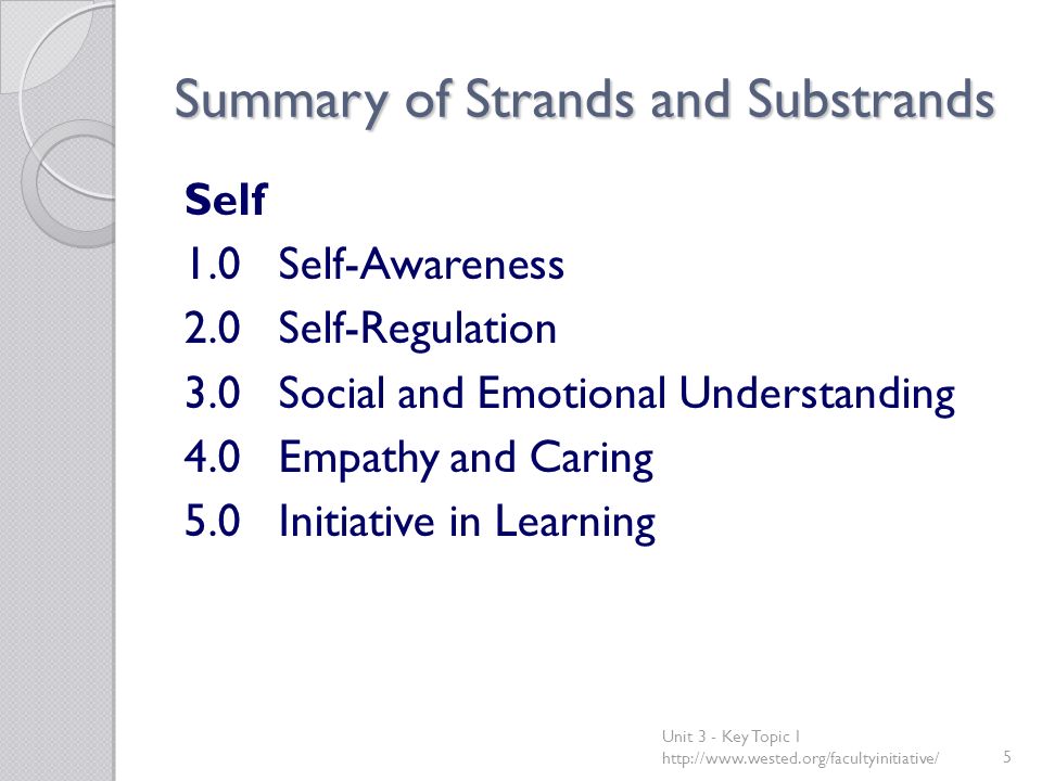 Summary of Strands and Substrands Self 1.0 Self-Awareness 2.0Self-Regulation 3.0Social and Emotional Understanding 4.0Empathy and Caring 5.0Initiative in Learning Unit 3 - Key Topic 1