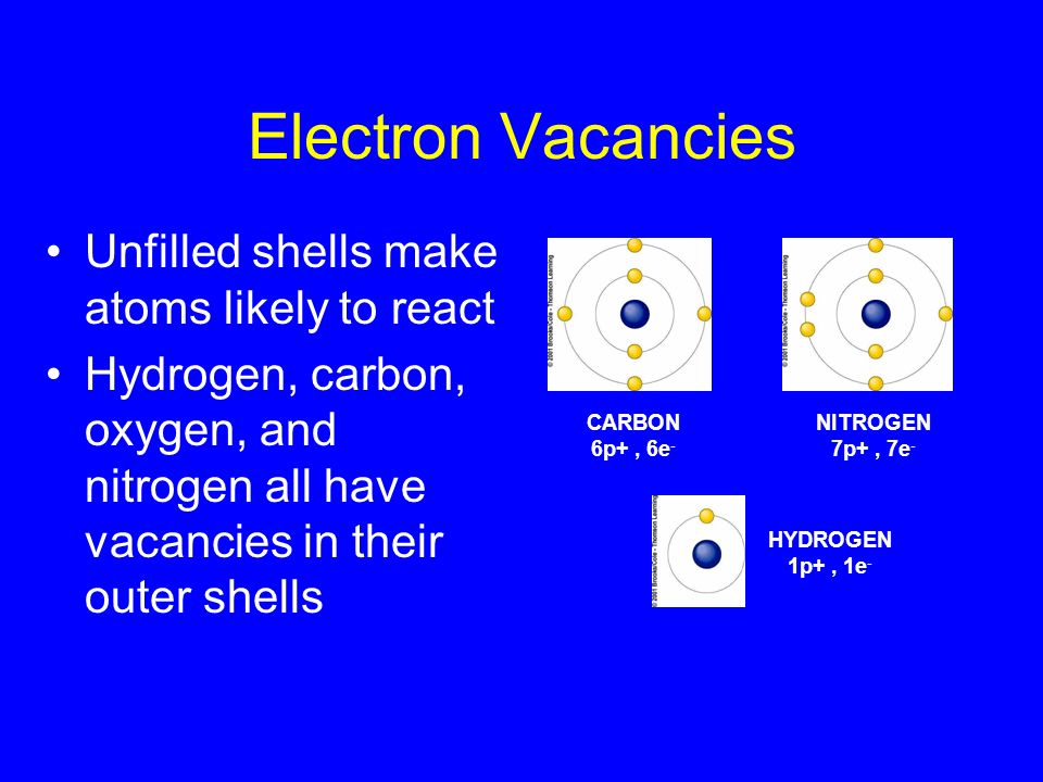 Electron Vacancies Unfilled shells make atoms likely to react Hydrogen, carbon, oxygen, and nitrogen all have vacancies in their outer shells CARBON 6p+, 6e - NITROGEN 7p+, 7e - HYDROGEN 1p+, 1e -