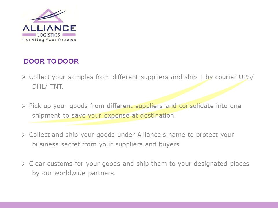 DOOR TO DOOR  Collect your samples from different suppliers and ship it by courier UPS/ DHL/ TNT.