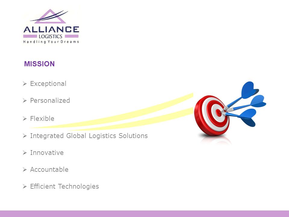 MISSION  Exceptional  Personalized  Flexible  Integrated Global Logistics Solutions  Innovative  Accountable  Efficient Technologies
