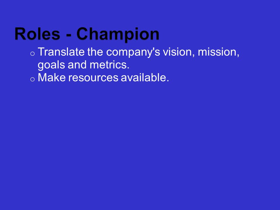 o Translate the company s vision, mission, goals and metrics. o Make resources available.