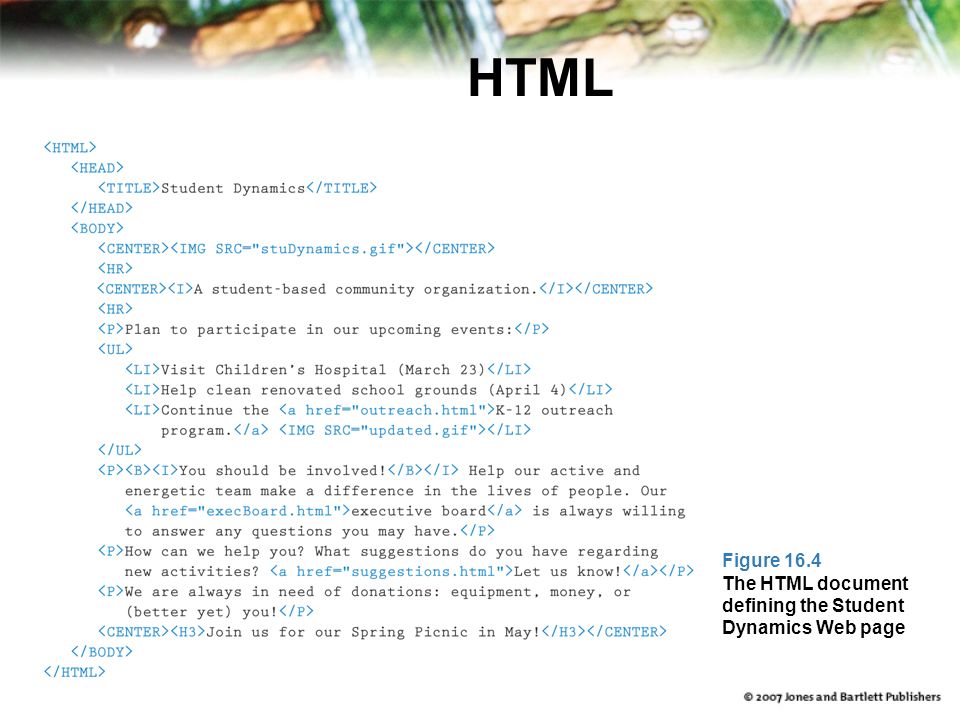 13 HTML Figure 16.4 The HTML document defining the Student Dynamics Web page