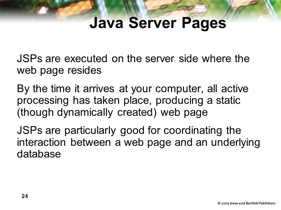 24 Java Server Pages JSPs are executed on the server side where the web page resides By the time it arrives at your computer, all active processing has taken place, producing a static (though dynamically created) web page JSPs are particularly good for coordinating the interaction between a web page and an underlying database