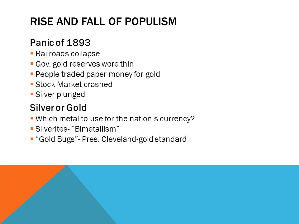 RISE AND FALL OF POPULISM Panic of 1893  Railroads collapse  Gov.