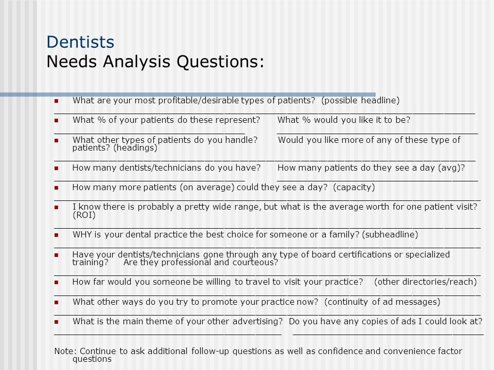 Dentists Needs Analysis Questions: What are your most profitable/desirable types of patients.