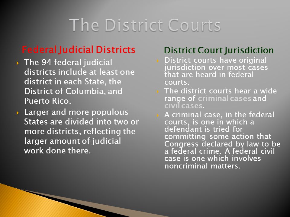Federal Judicial Districts  The 94 federal judicial districts include at least one district in each State, the District of Columbia, and Puerto Rico.