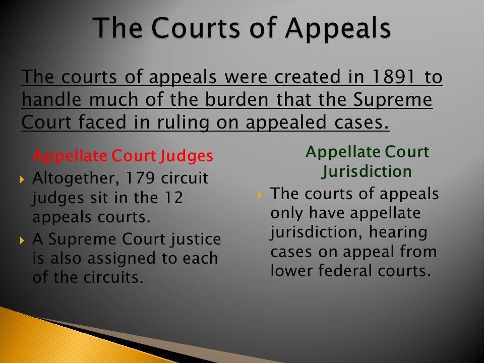 Appellate Court Judges  Altogether, 179 circuit judges sit in the 12 appeals courts.