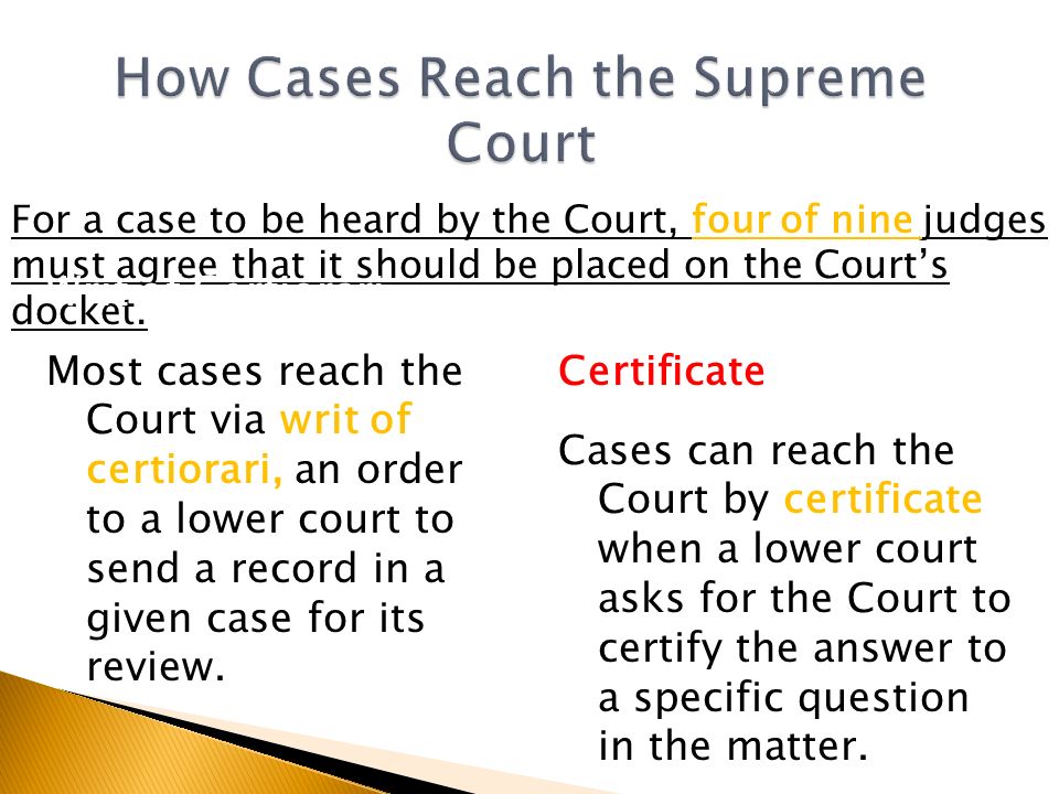 For a case to be heard by the Court, four of nine judges must agree that it should be placed on the Court’s docket.