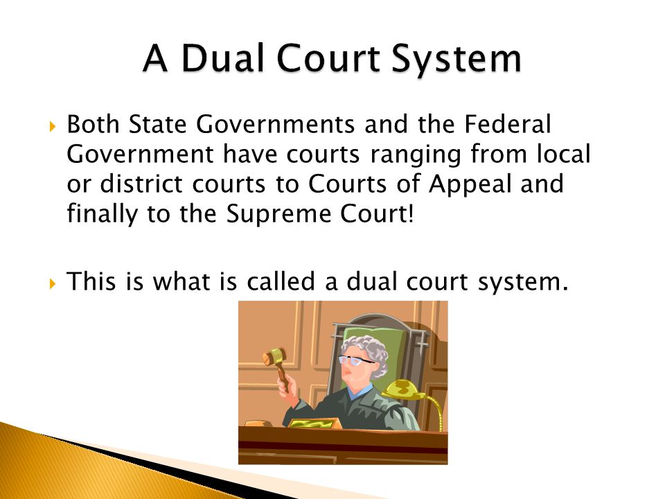  Both State Governments and the Federal Government have courts ranging from local or district courts to Courts of Appeal and finally to the Supreme Court.