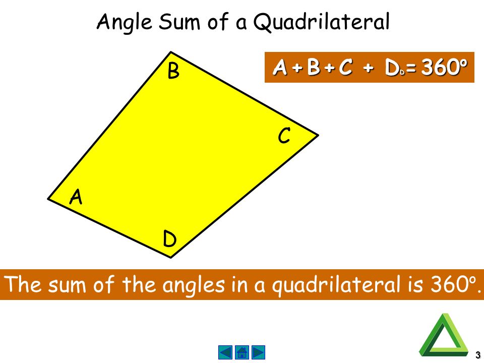 3 A B C A + B + C + D D = 360 o The sum of the angles in a quadrilateral is 360 o.