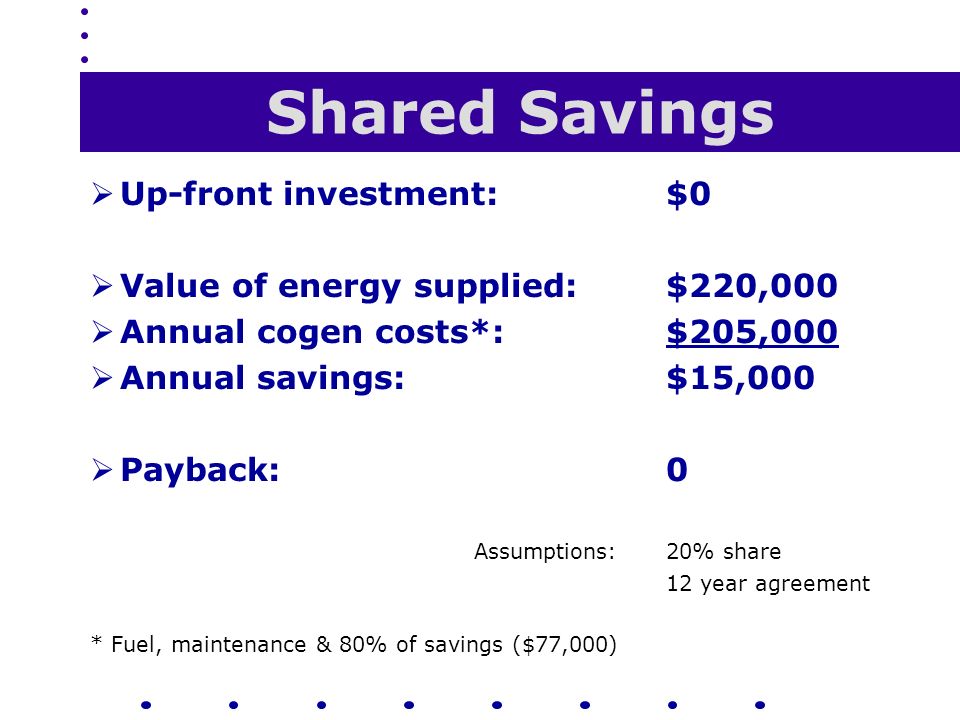Shared Savings  Up-front investment:$0  Value of energy supplied:$220,000  Annual cogen costs*:$205,000  Annual savings:$15,000  Payback:0 Assumptions:20% share 12 year agreement * Fuel, maintenance & 80% of savings ($77,000)