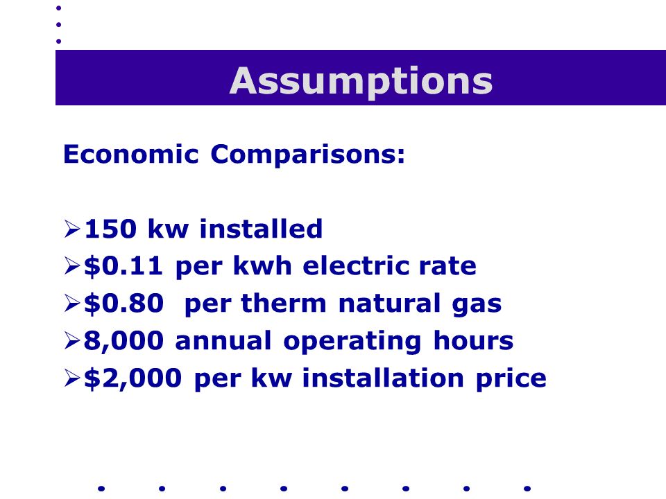 Assumptions Economic Comparisons:  150 kw installed  $0.11 per kwh electric rate  $0.80 per therm natural gas  8,000 annual operating hours  $2,000 per kw installation price