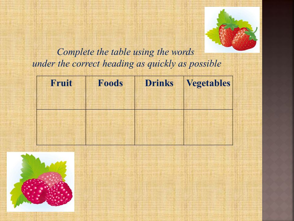 Complete the table using the words under the correct heading as quickly as possible FruitFoodsDrinksVegetables
