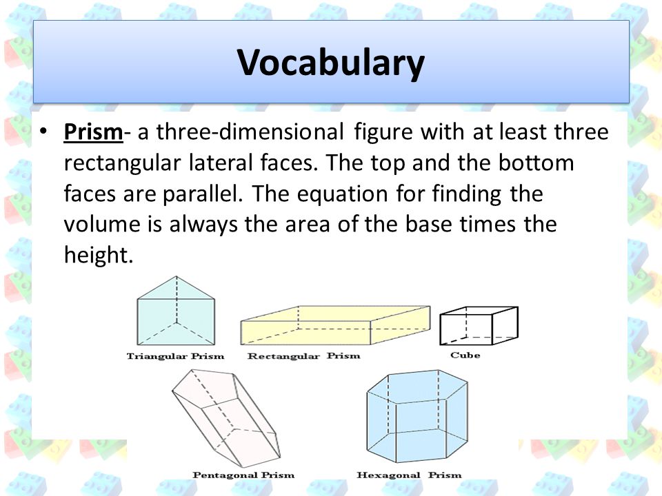 Vocabulary Prism- a three-dimensional figure with at least three rectangular lateral faces.