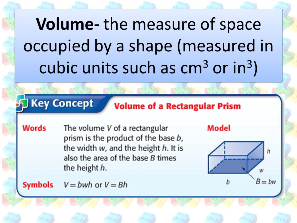 Volume- the measure of space occupied by a shape (measured in cubic units such as cm 3 or in 3 )