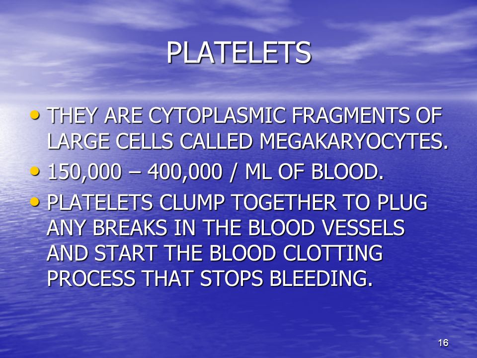 16 PLATELETS THEY ARE CYTOPLASMIC FRAGMENTS OF LARGE CELLS CALLED MEGAKARYOCYTES.