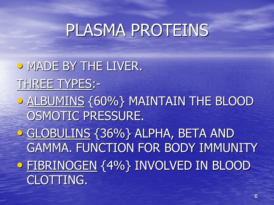 6 PLASMA PROTEINS MADE BY THE LIVER. MADE BY THE LIVER.