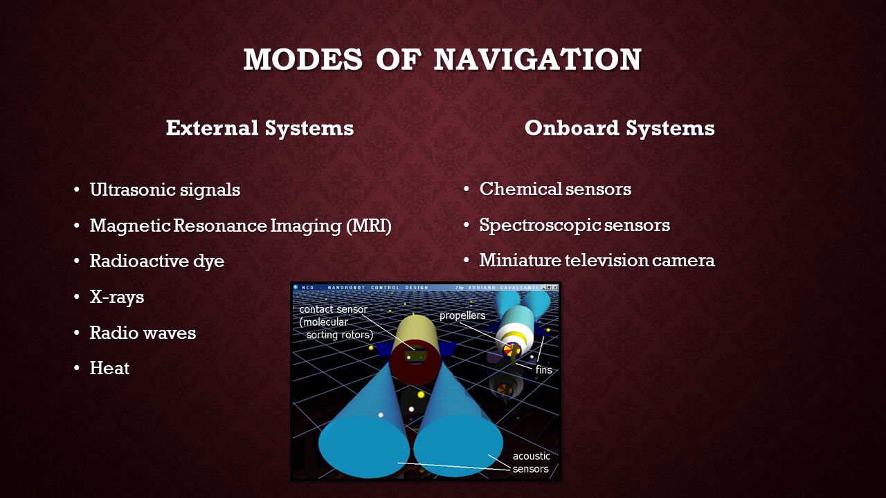 MODES OF NAVIGATION External Systems Ultrasonic signals Magnetic Resonance Imaging (MRI) Radioactive dye X-rays Radio waves Heat Onboard Systems Chemical sensors Spectroscopic sensors Miniature television camera