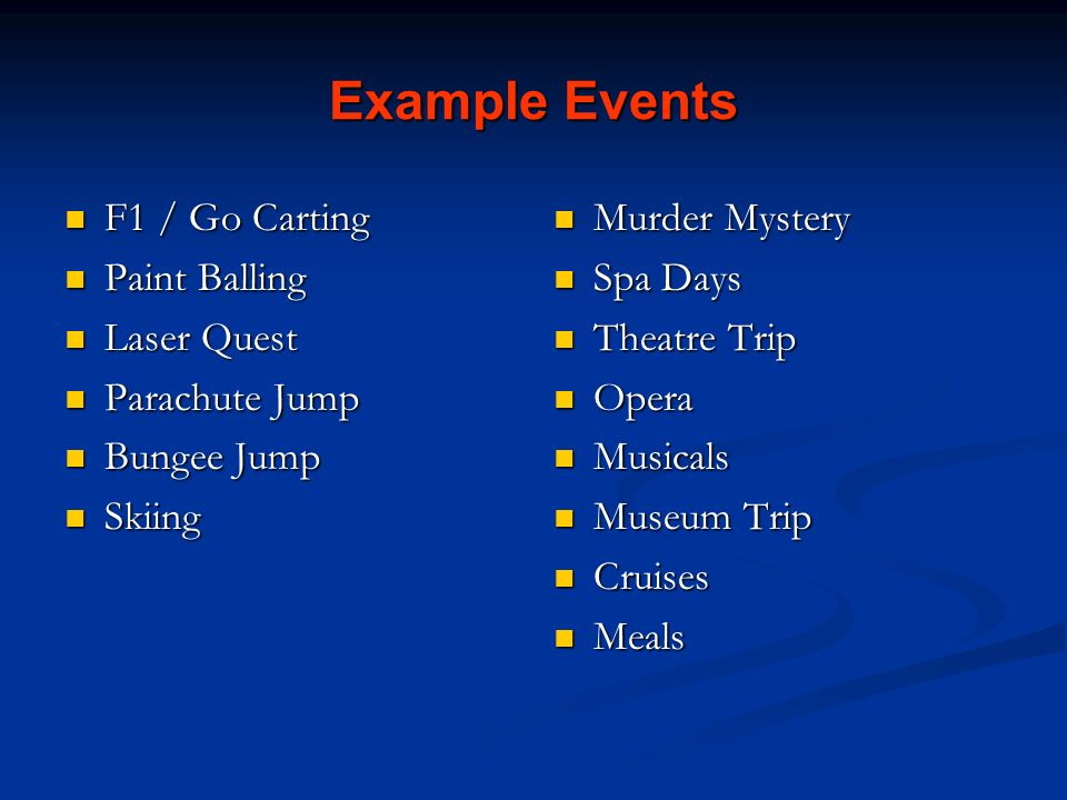 Example Events F1 / Go Carting F1 / Go Carting Paint Balling Paint Balling Laser Quest Laser Quest Parachute Jump Parachute Jump Bungee Jump Bungee Jump Skiing Skiing Murder Mystery Spa Days Theatre Trip Opera Musicals Museum Trip Cruises Meals