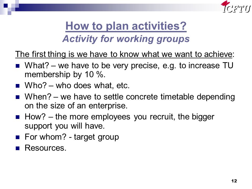 12 How to plan activities.