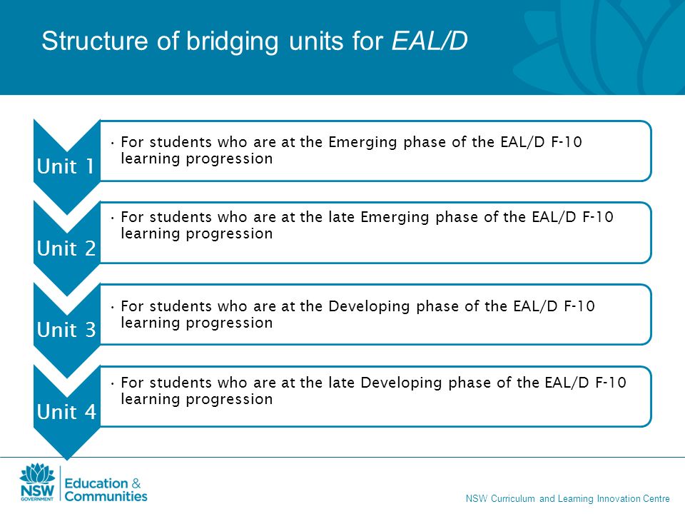 NSW Curriculum and Learning Innovation Centre Structure of bridging units for EAL/D Unit 1 For students who are at the Emerging phase of the EAL/D F-10 learning progression Unit 2 For students who are at the late Emerging phase of the EAL/D F-10 learning progression Unit 3 For students who are at the Developing phase of the EAL/D F-10 learning progression Unit 4 For students who are at the late Developing phase of the EAL/D F-10 learning progression