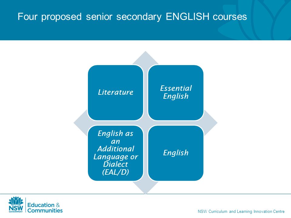 NSW Curriculum and Learning Innovation Centre Four proposed senior secondary ENGLISH courses Literature Essential English English as an Additional Language or Dialect (EAL/D) English