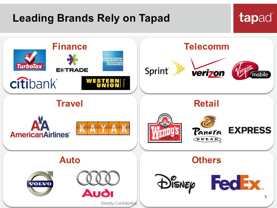 Finance Telecomm Travel Retail Auto Others Leading Brands Rely on Tapad 9 Strictly Confidential
