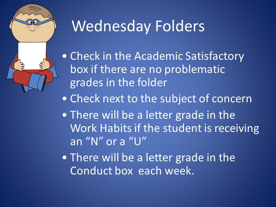 Wednesday Folders Check in the Academic Satisfactory box if there are no problematic grades in the folder Check next to the subject of concern There will be a letter grade in the Work Habits if the student is receiving an N or a U There will be a letter grade in the Conduct box each week.