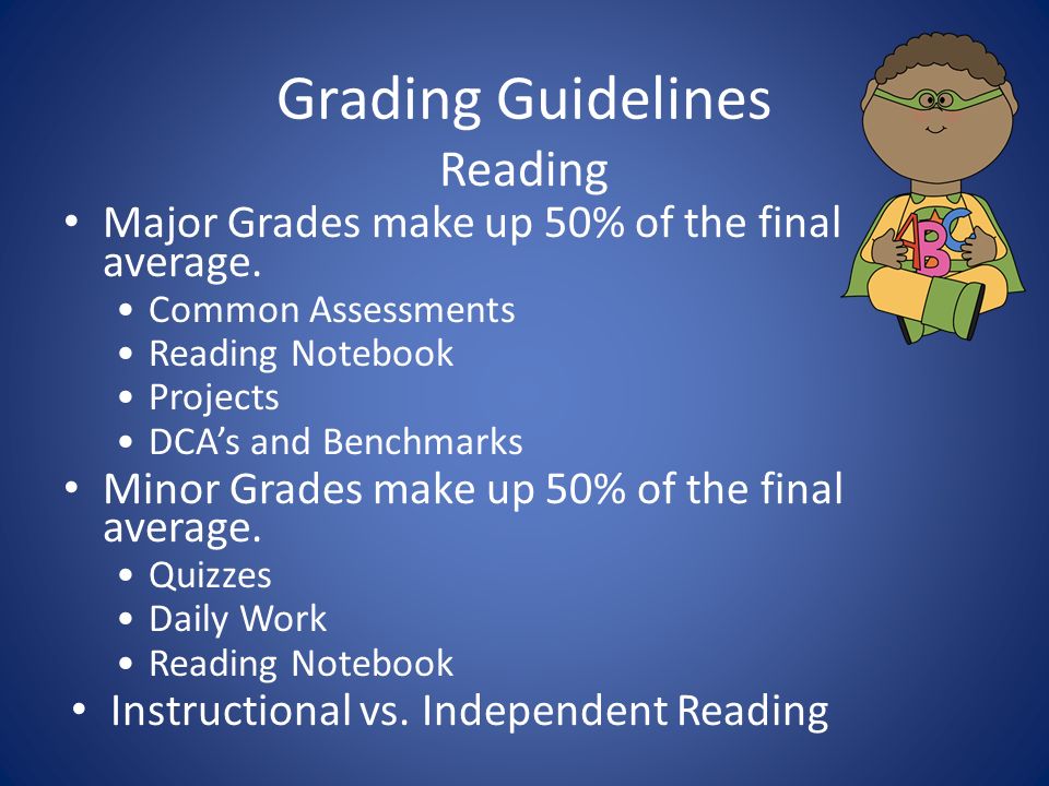 Grading Guidelines Reading Major Grades make up 50% of the final average.