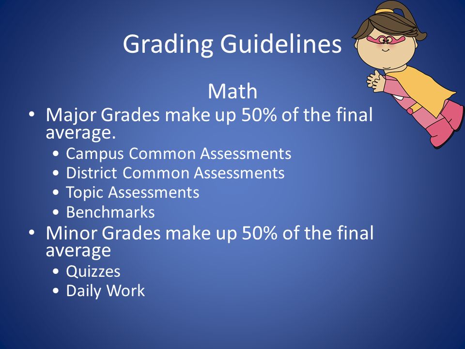 Grading Guidelines Math Major Grades make up 50% of the final average.