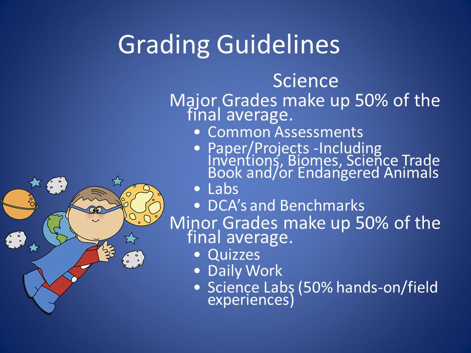 Grading Guidelines Science Major Grades make up 50% of the final average.
