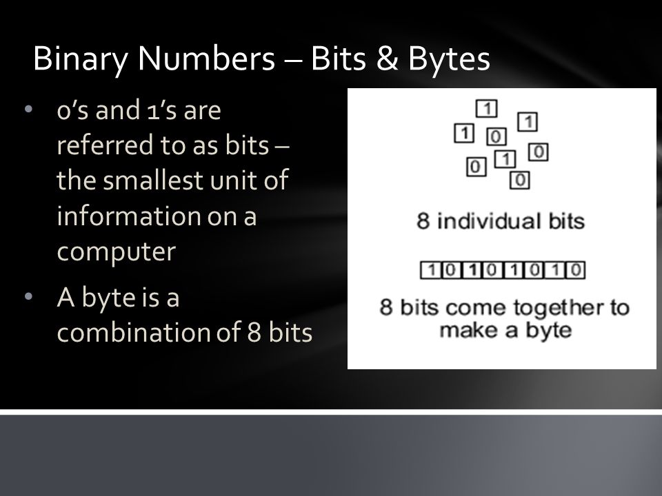 Binary Numbers – Bits & Bytes 0’s and 1’s are referred to as bits – the smallest unit of information on a computer A byte is a combination of 8 bits