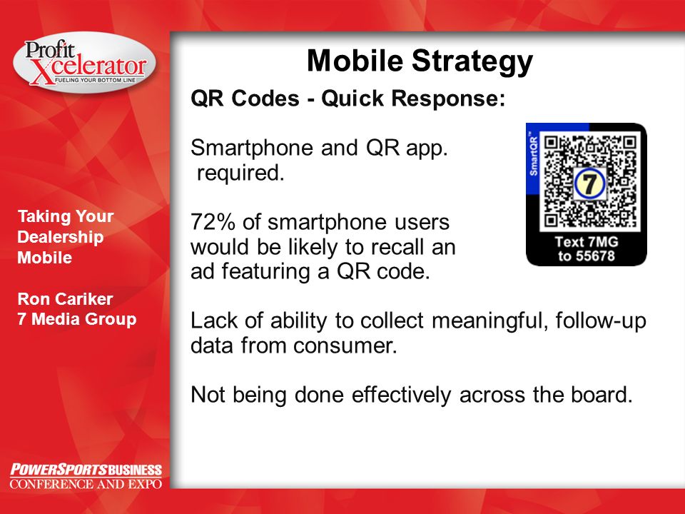 Taking Your Dealership Mobile Ron Cariker 7 Media Group Mobile Strategy QR Codes - Quick Response: Smartphone and QR app.