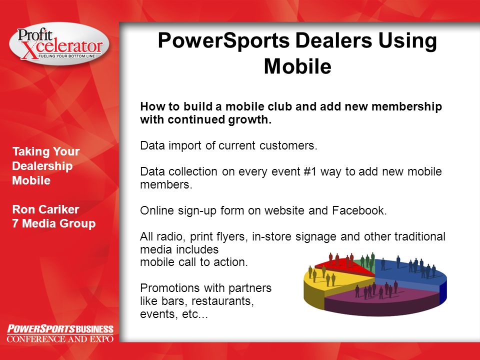 Taking Your Dealership Mobile Ron Cariker 7 Media Group PowerSports Dealers Using Mobile How to build a mobile club and add new membership with continued growth.